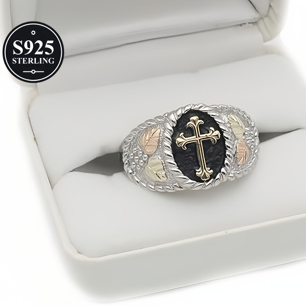 Fashion S925 Pure Silvery Men's Cross Ring - Black Mountain Golden Pattern Design - Suitable for Daily Parties, Banquets, Valentine's Day Gifts - Perfect Gift for Boyfriends And Fathers