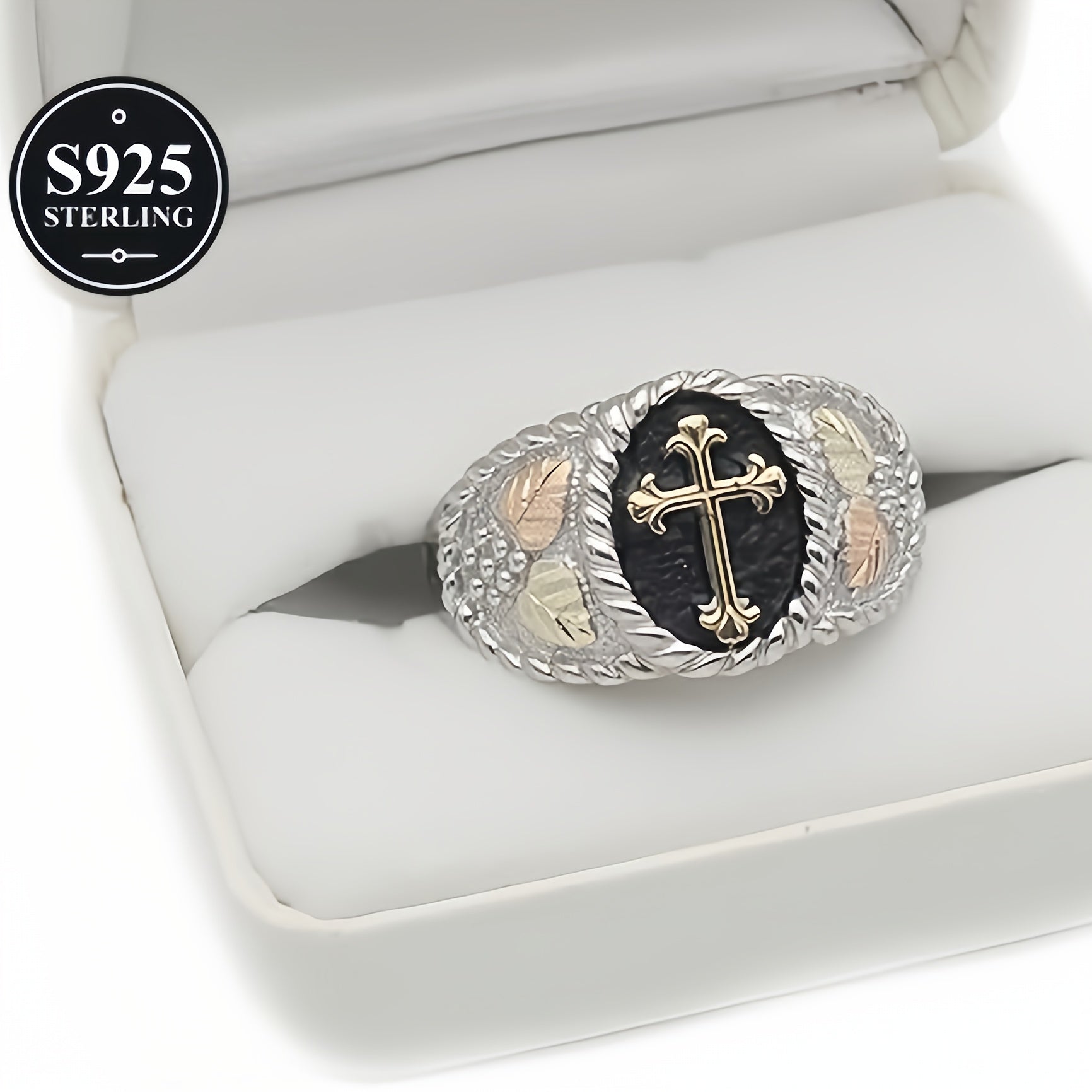 Fashion S925 Pure Silvery Men's Cross Ring - Black Mountain Golden Pattern Design - Suitable for Daily Parties, Banquets, Valentine's Day Gifts - Perfect Gift for Boyfriends And Fathers