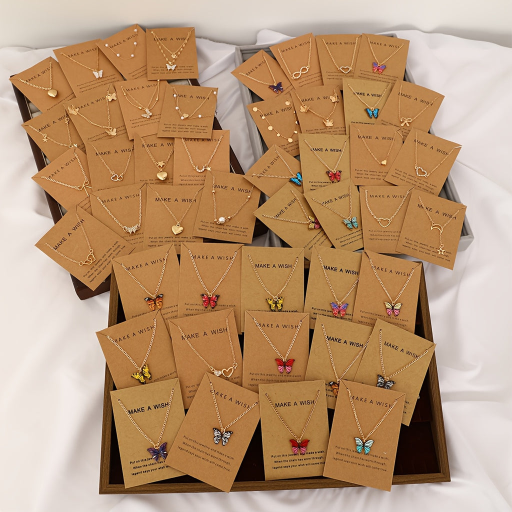 Random 21pcs/10pcs/6pcs Minimalist Fashion Star Moon Heart Bow Rhinestone Drip Oil Butterfly Necklace Set Women'S Dating Vacation Daily Matching Party Anniversary Holiday Gift Valentine'S Day Mother'S Day (With Cardboard)