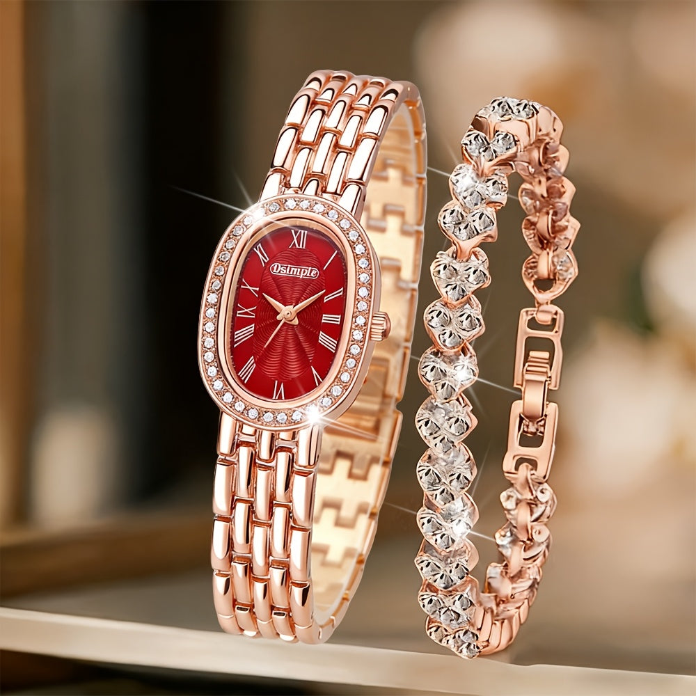 2pcs Women's Elegant Retro Watch Set - Luxury Heart Chain Quartz Watch with Rectangular Dial & Stainless, Court Style Analog Wristwatches for Easter, Wedding, or Casual Attire - Classic Timepiece Gift