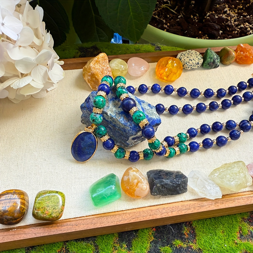 Blue 2pcs Natural Stone Phoenix Lapis Lazuli Double Layer Necklace Luxury Jewelry Gift for Teenager