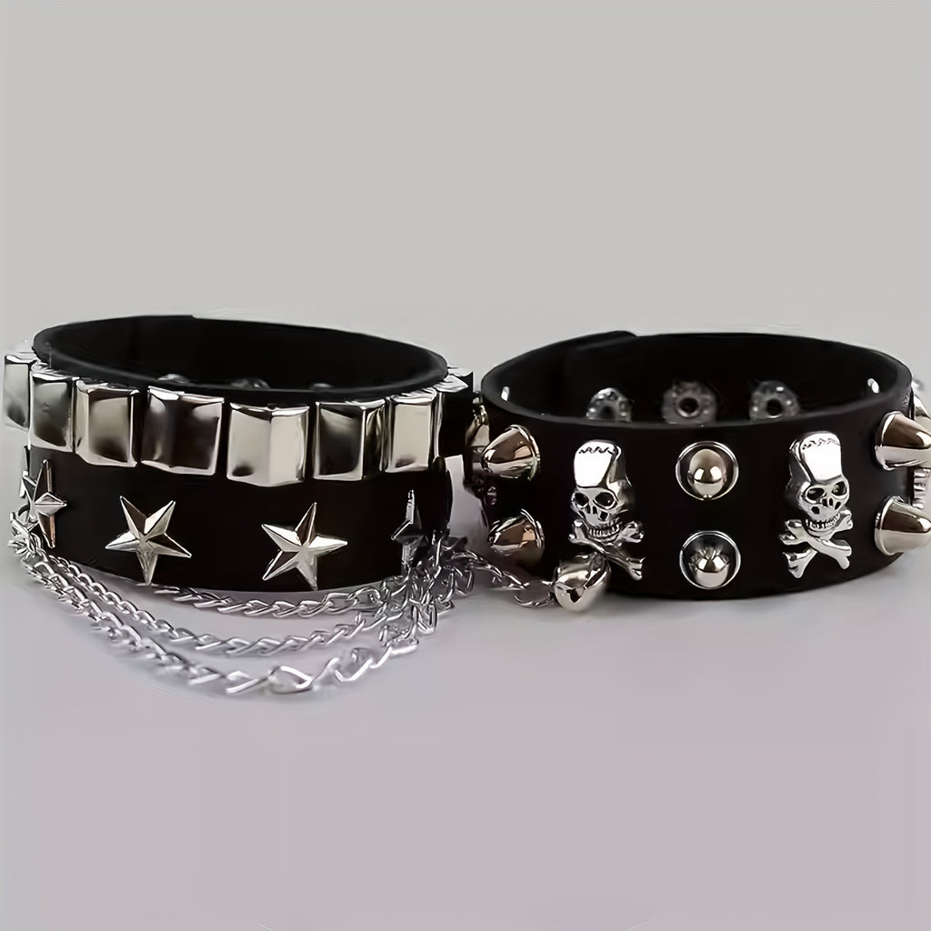 1pc Fashion Men's Multi-layer PU Leather Wide Bracelet, Domineering Skull Rivets Punk Hip-hop Bracelet, Artificial Jewelry