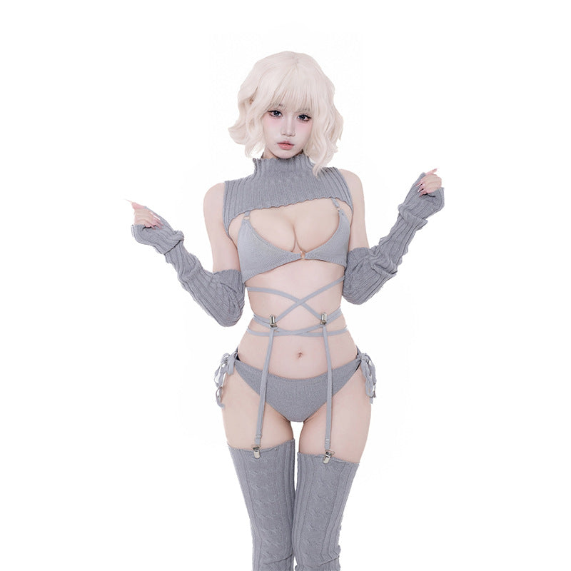 F-236 Backless Sweater Japanese-Style Cosplay Otaku-Magnet Sexy Turtleneck Socks, Gloves & Strappy Sweater Set