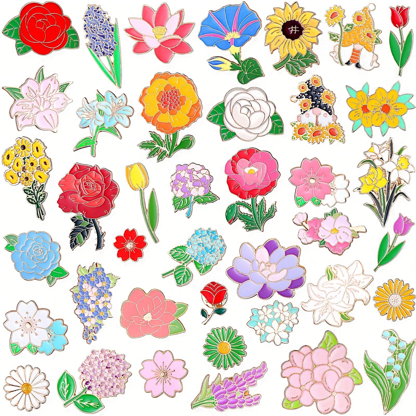 40pcs Flower Pins Flower Enamel Pins For Backpacks Floral Lapel Pins Cute Rose Spring Pins Sunflower Tulip Lily Hydrangeas Gnome Brooch Pins Cartoon Plants Pins For Women Gifts