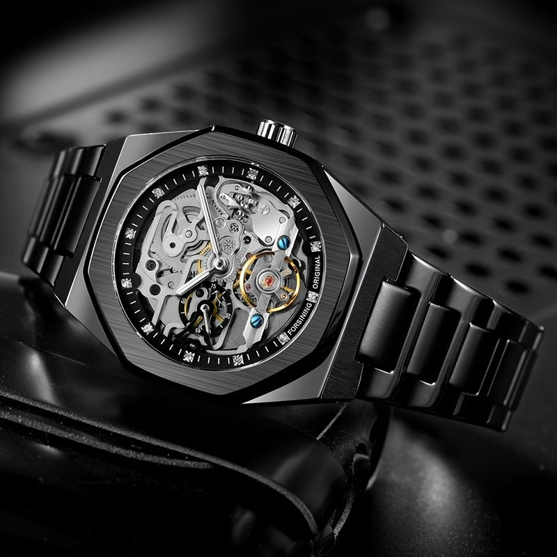 1pc FORSINING Men's Luxury Mechanical Watch - Skeleton Tourbillon, Luminous Hands, Stainless Steel Band, Irregular Case, Fashion Casual Style, Ideal for Christmas, Father's Day Gift, Luxury Business Watch | Automatic Watch | Without Battery