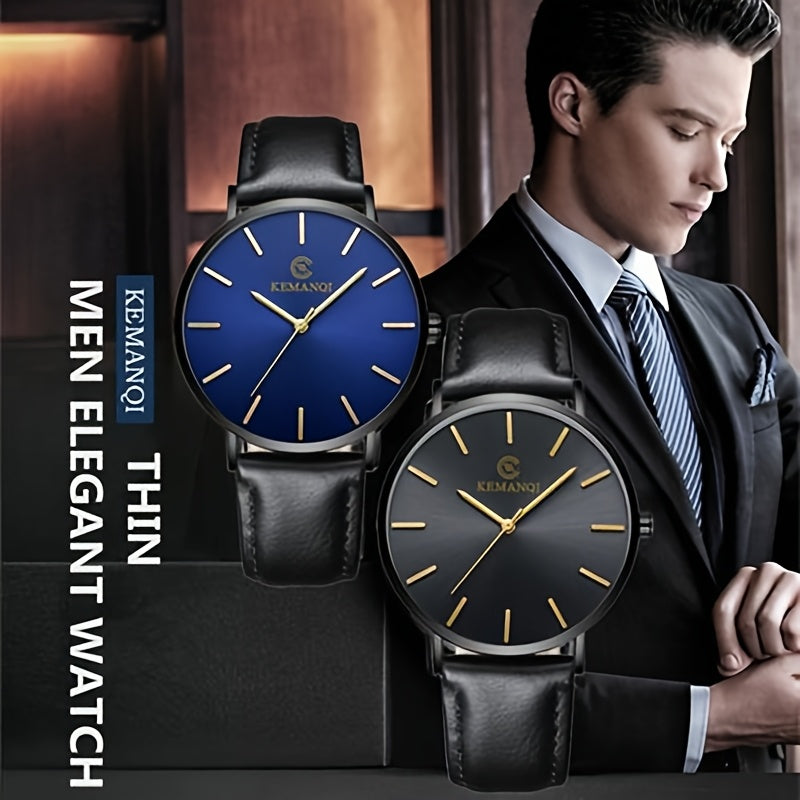Men's Minimalist Analog Quartz Watch with Analog Display, Round Face & PU Leather Strap - Elegant Casual & Professional Wristwatch, - Hands, Low-Maintenance Operation