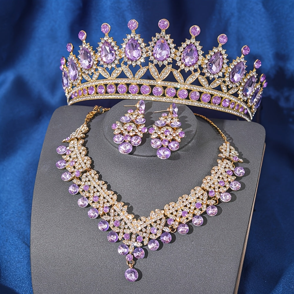 2pcs Fashion Bridal Crown Necklace And Earring Sets, Baroque Style Bridal Wedding Additions, High-End Banquet Birthday Crowns Girlfriend Birthday Gifts, Valentine'S Day Presents