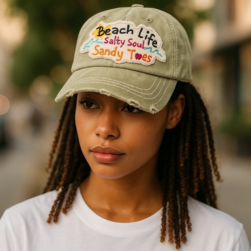 "Beach Life Salty Soul Sandy Toes" Baseball Cap-Local Artist Designed, Vintage, Distressed, Embroidered, 100% Cotton, UV Protection, Adjustable