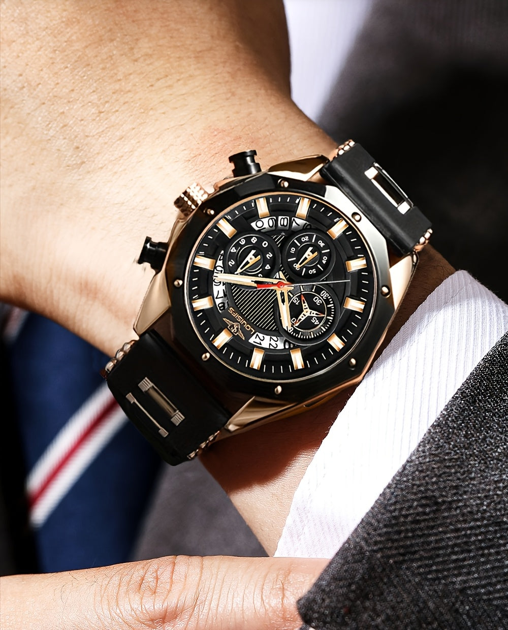 Men's Luxury Large Dial Chronograph Wristwatch - Blue & Golden Analog Watch with Day/Date/Month Display, Quartz Movement, 24H Chronograph, High Quality 1181.1inch, Elegant Brown Strap & Golden Buckle, Multi-Functional Business & Sports Watch for Formal &
