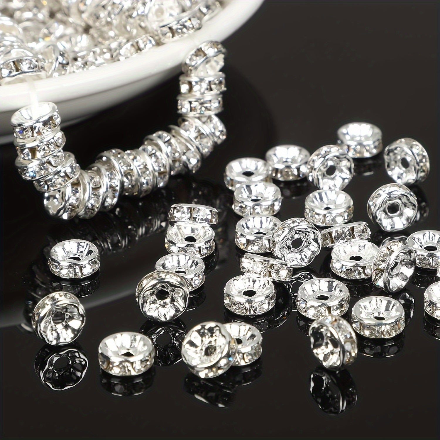 500pcs Mixed Color White AB Iron Rondelle 4/ 6/ 8/ 10mm, Round Rondelle Loose Spacer Beads for DIY Bracelet Necklace Pendant