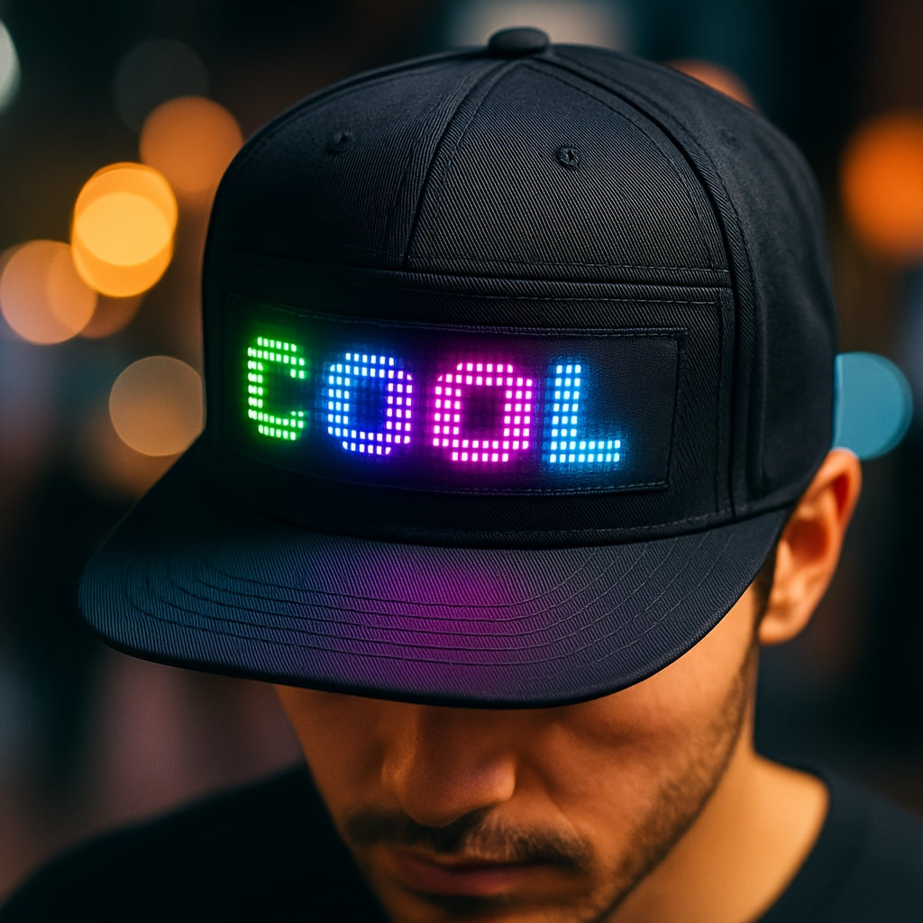 Programmable LED Hat for Men | Black, Scrollable Text & Animated Patterns, APP-Controlled, Adjustable, Woven Fabric, Ideal for Parties & Holidays