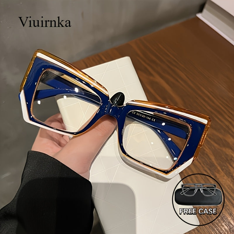 VIUIRNKA Women's Glasses, Trendy Cat Eye Frame with Transparent PC Lens, Blue Light Blocking Computer Glasses, Lightweight Color Block Fashion Eyewear with Case, Cool  Style, Quality Event Wear, Trending Holiday Gifts