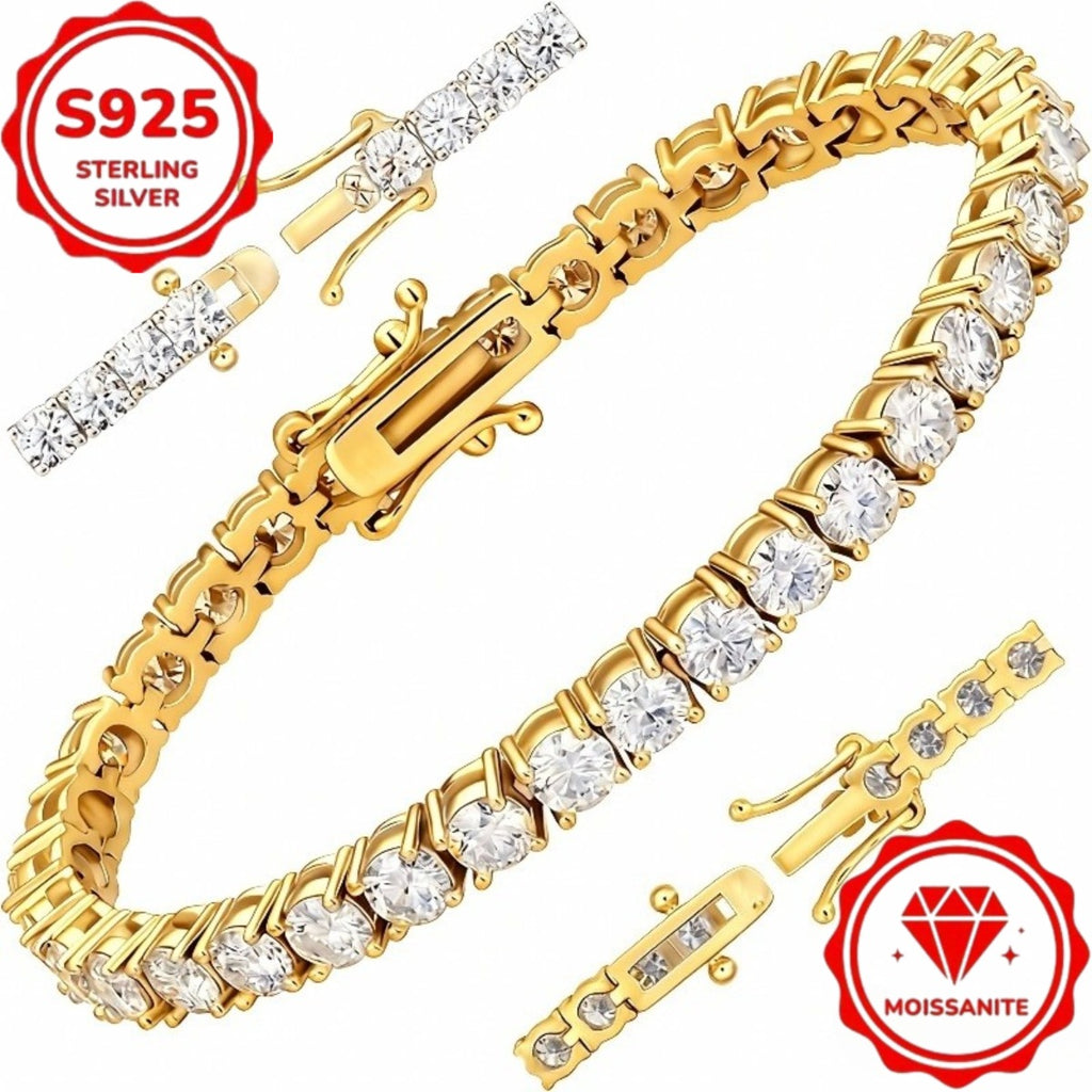Luxury S925 4mm Sterling Silvery Moissanite Golden Tennis Bracelet- Bright Cut, Arranged Moissanite Design- Elegant French Style Women's Style, Suitable for Weddings, Birthdays, Total Weight Of The Product (7.71g)