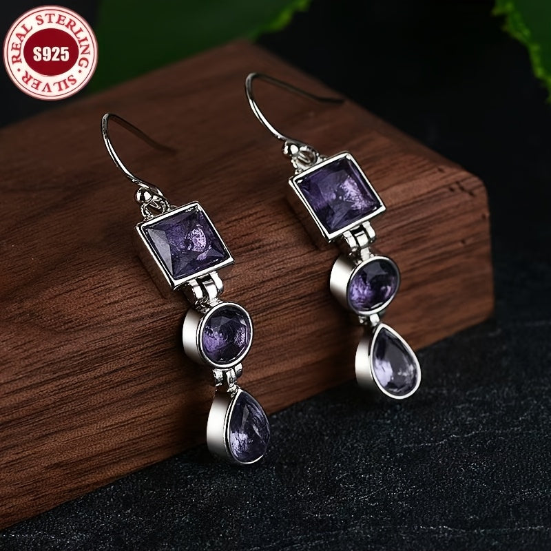 925 Silver Retro Amethyst Three Stone Earrings Lightweight Long Style Square Elliptical Water Drop Pendant Earrings Are The Best Christmas And Birthday Gifts for Yourself And Your Loved Ones