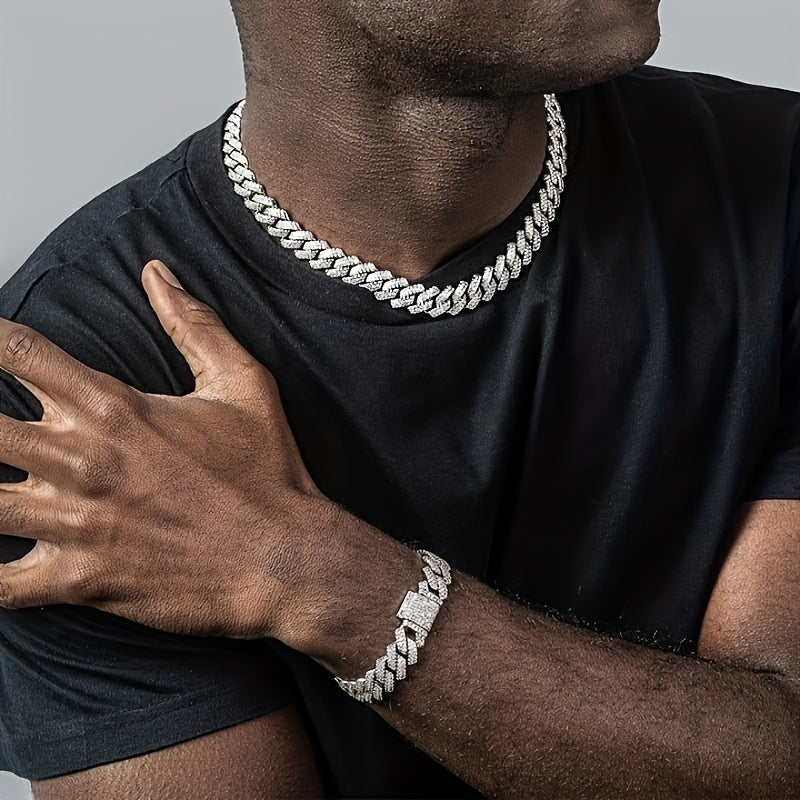 2pcs Shiny Cuban Link Chain Jewelry Set for Men Luxury Fashion Bling Miami Hip Hop Cuban Link Chain Necklace and Bracelet Set Suitable for Birthday Gift Anniversary Gift