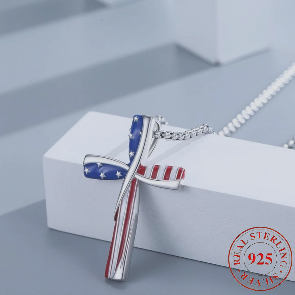 925s Patriotic Cross Pendant Necklace, Red, White, Blue Star Spangled Banner, American Flag, Independence Day, Suitable for Any Occasion, Best Choice for Gift Giving
