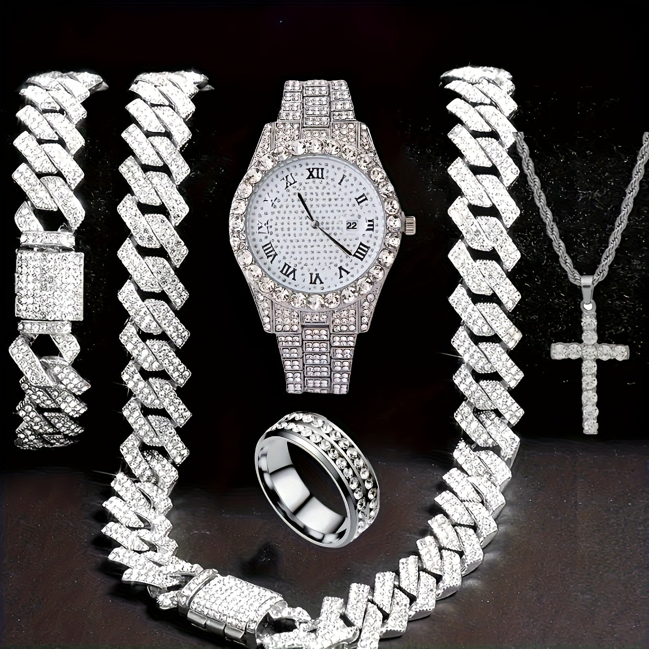 3pcs/5pcs, A Fashionable Hip-hop Watch Set with Waterfall Chain Bracelet And Necklace - Sparkling Water Droplets, Classic Design, Suitable for Men's Wear