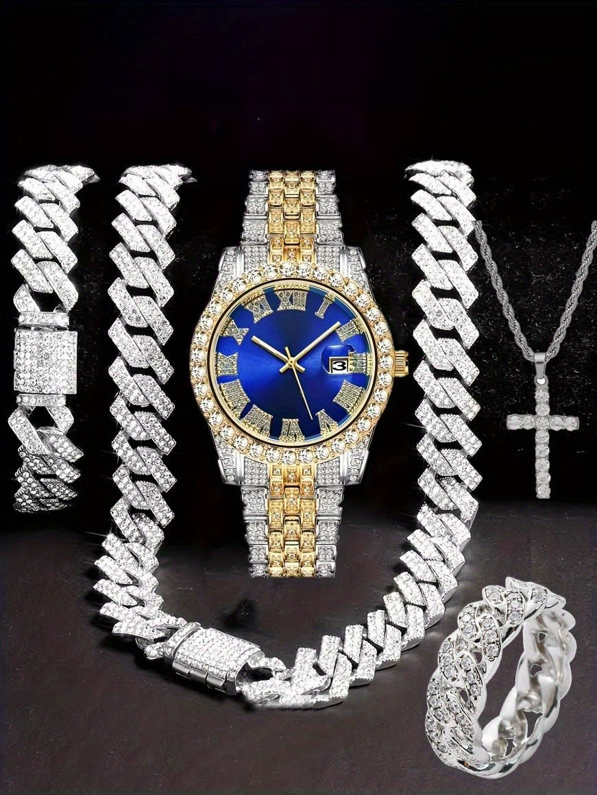Men'S Hip Hop Set: Trendy Watch, Cuban Chain Pendant Necklace And Bracelet Combo, Stylish Men'S Additions Gift for Christmas, Birthday, Valentine'S Day, And Father'S Day