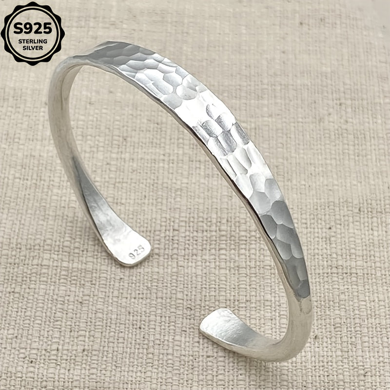 Sterling Silver Hammer Bracelet - Simple and Shiny Corrugated Open Bracelet, Thick and Strong 925 Silver, Handmade Gift for Her, Mother, Girlfriend, Birthday, Anniversary, Halloween, Valentine's Day, Christmas