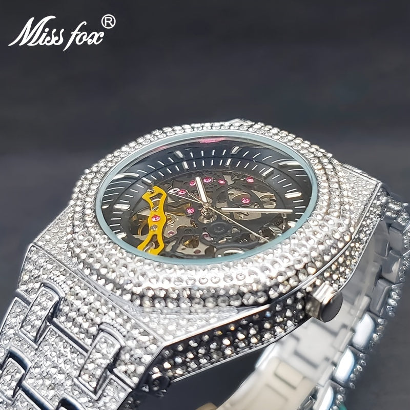 Miss Fox Men's Luxury Iced-Out Automatic Mechanical Watch - Hip Hop Style, Steel Large Dial, Full Accents, Transparent Back, Black Strap, Glow-in-the-Dark, Party Fashion Accessory, for women