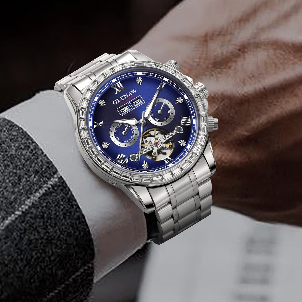 GLENAW Men'S Luxury Automatic Mechanical Watch - Golden-Tone Rhinestone Case, Multi-Function Perpetual Calendar Dial, Stainless Steel Strap, Water-Resistant up to 1181.1inch, with Roman Numerals & Date Display, Without Battery