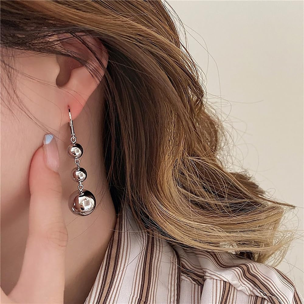 S925 Silver Three Silver Ball Earrings Earrings for Women, Retro French High-end Long Design, New Cool Style