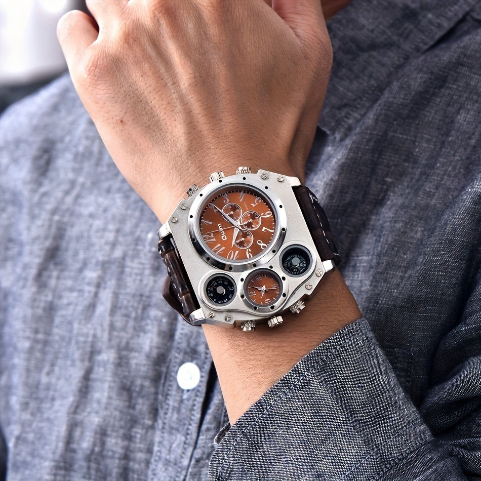 [Dual Time Zone Watch] 2pcs Domineering Men's Dual Time Zone Sports Watch Ring Set Multi-function Quartz Watch with Ring