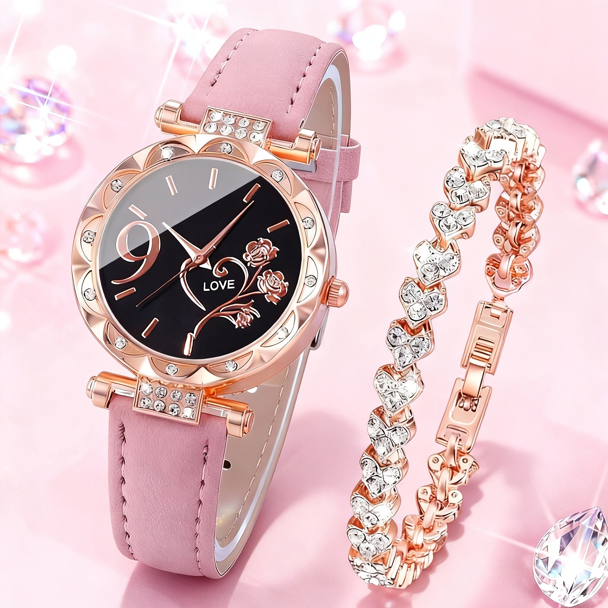 This Is a Set of Two Stylish Quartz Watches Featuring a Rose Golden And Pink Faux Leather Strap, Adorned with Sparkling Rhinestones. The Round Dial Showcases a Heart Design, Making It an Ideal Gift for Valentine'S Day, Birthdays, And Parties