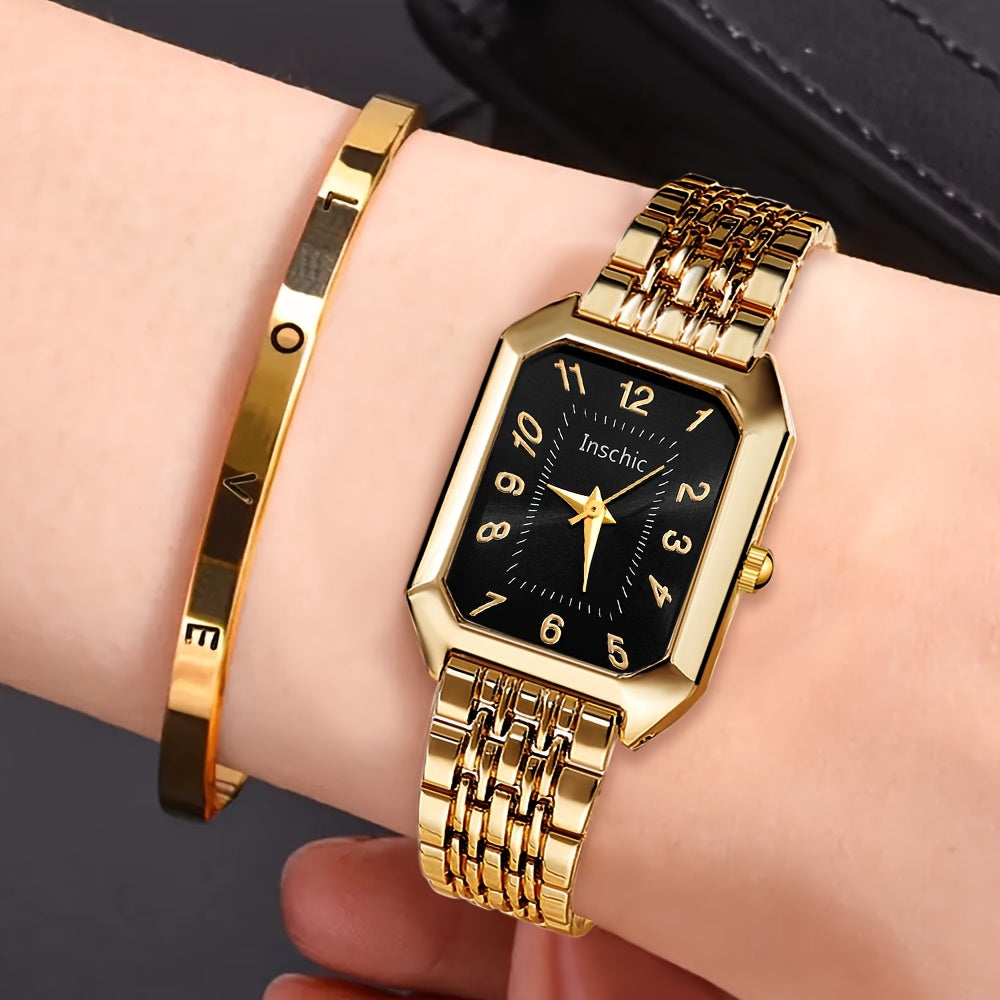 A 2pcs Women's Watch Gift Set Featuring a Trendy Open Bangle Combination with a Casual Quartz Watch, Classic Vintage Rectangular Dial Watches for Men, Christmas, Birthday Gifts, Reloj Para Hombre.(Box Not Included).