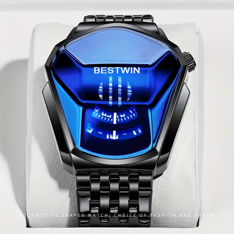 Unique Dashboard Design Men Watches Top Brand Fashion Blue Rhinestones Dial Steel Strap for Man Business Quartz Watch for Gifts