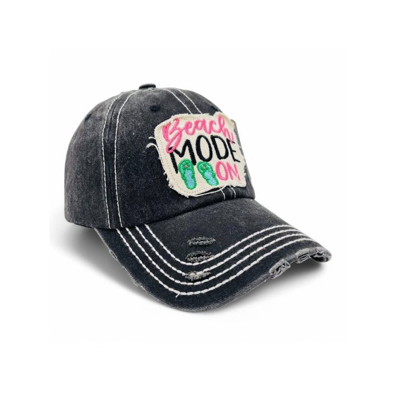Beach Mode On Vintage Distressed Embroidered Baseball Cap For Women - 100% Cotton, Breathable, Casual, Adjustable, UV Protection