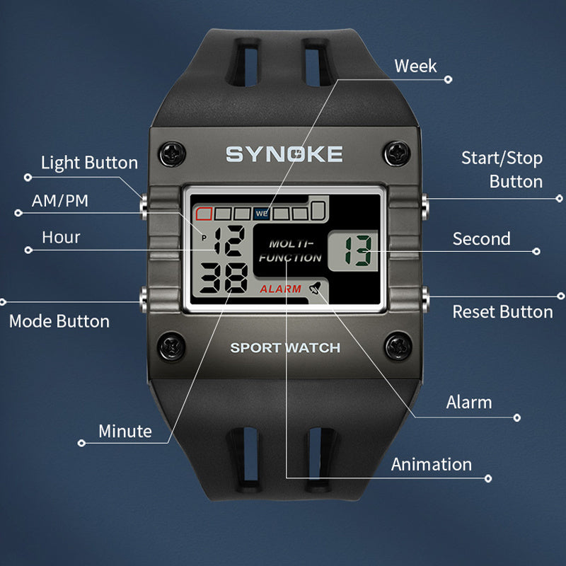 Men Digital Watch Rectangle Large Face Easy To Read Watch Multifunctional Sports Alarm Clock LED Watch