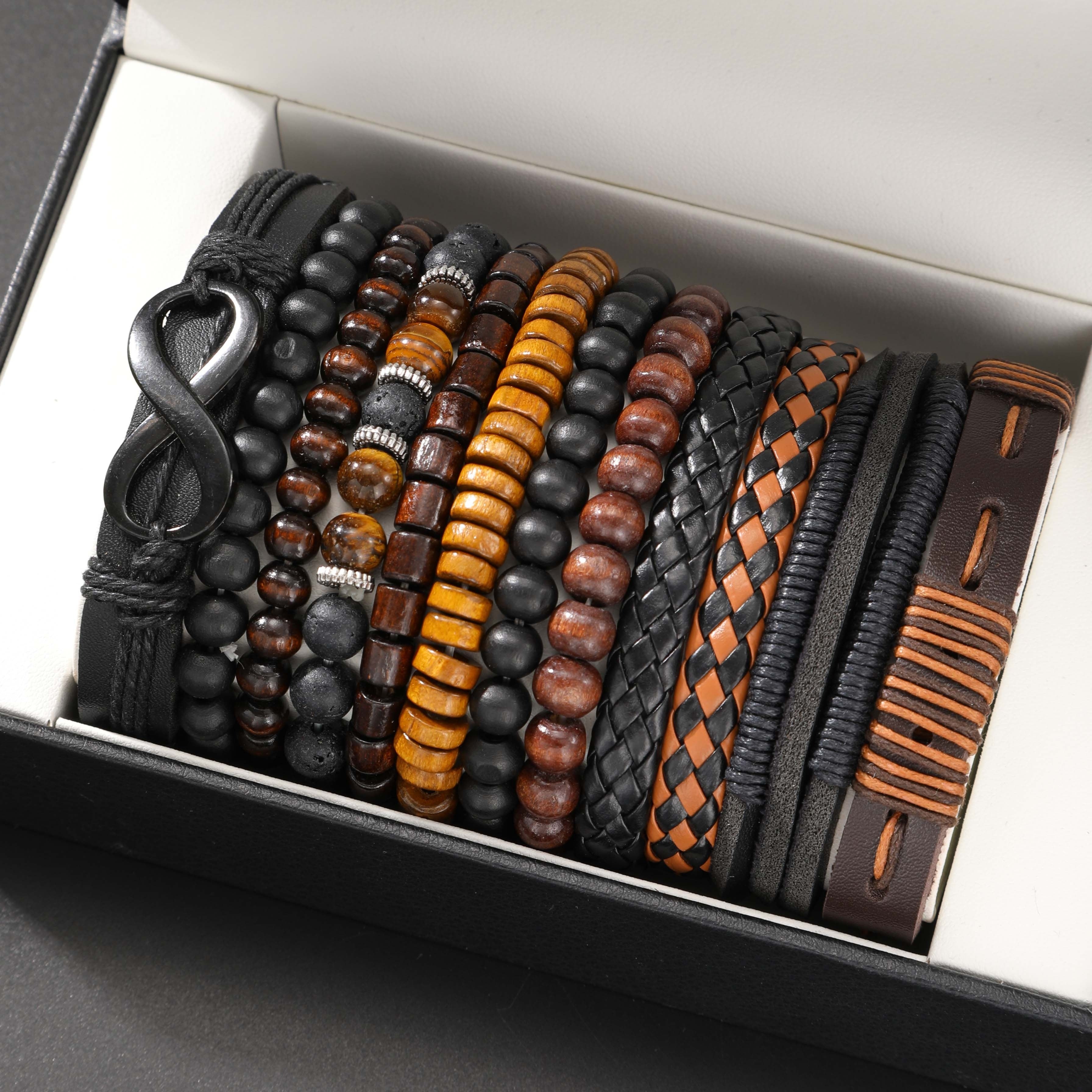 12pcs Vintage Men's Bracelet Set Woven Leather Tiger Eye Stone and Moonstone Beads Synthetic Fiber Rope Suitable for Casual and Party Wear Fashionable Jewelry