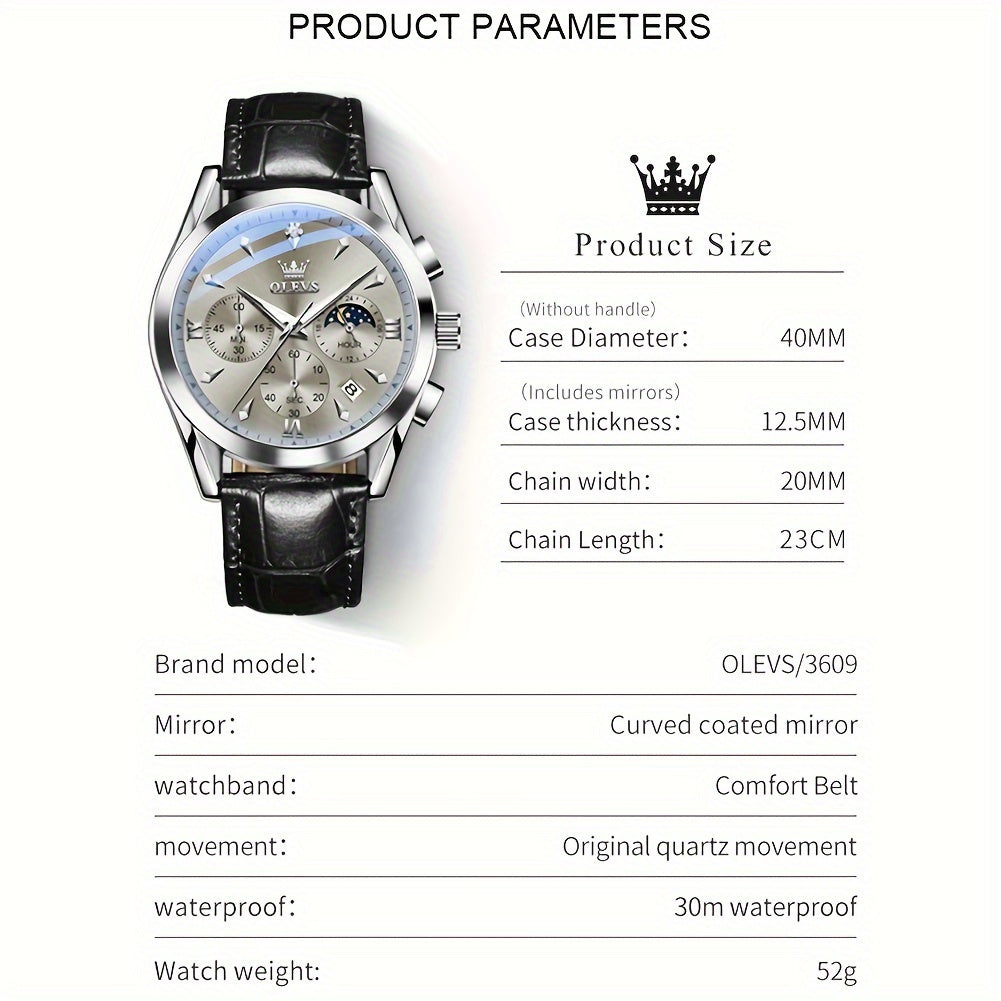 OLEVS Watches for Men Business Dress Analog Quartz Chronograph Casual Faux Leather Waterproof Moon Phase Luminous Date Luxury Mens Wrist Watches Reloj Para Hombre