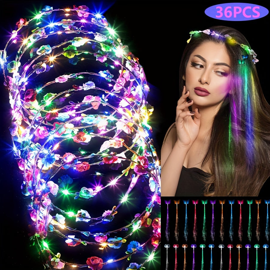 36pcs Luminous Headwear (12* Headwear Glowing Garland, 12* Transparent Braids, 12* Butterfly Braids) Are Suitable For Christmas Cosplay, Halloween, Wedding, Birthday Party, Photography, Concert