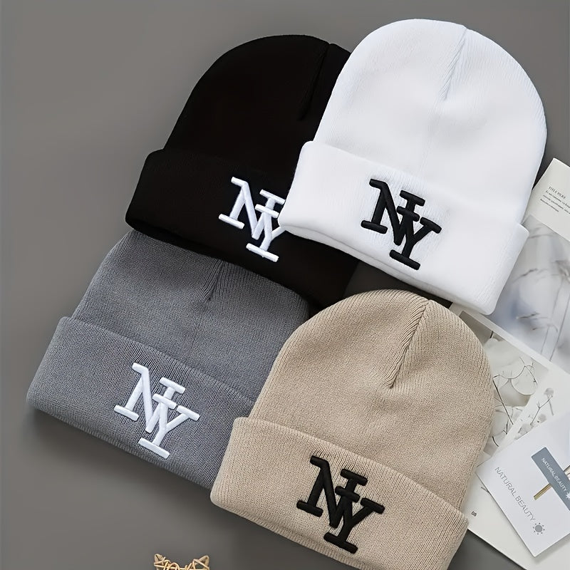 2pcs Set Of Men's And Women's Knitted Hats, Warm Brimless Hats, Acrylic Embroidered Brimless Hats, Winter Hats, Neutral And Fashionable Knitted Flanged Hats