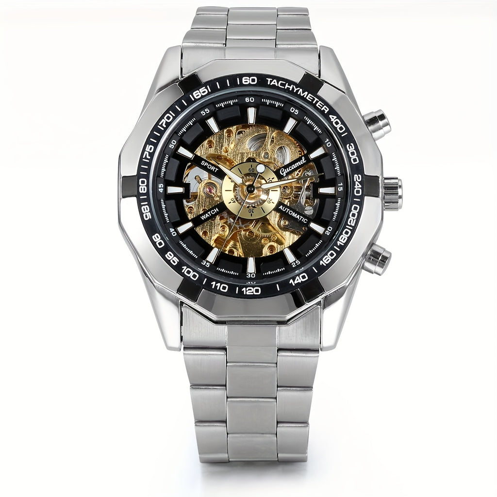[Automatic Skeleton Watch] Jewelrywe Men's Self-Winding Watch Stainless Steel Band Automatic Mechanical Skeleton Wristwatches, Without Battery