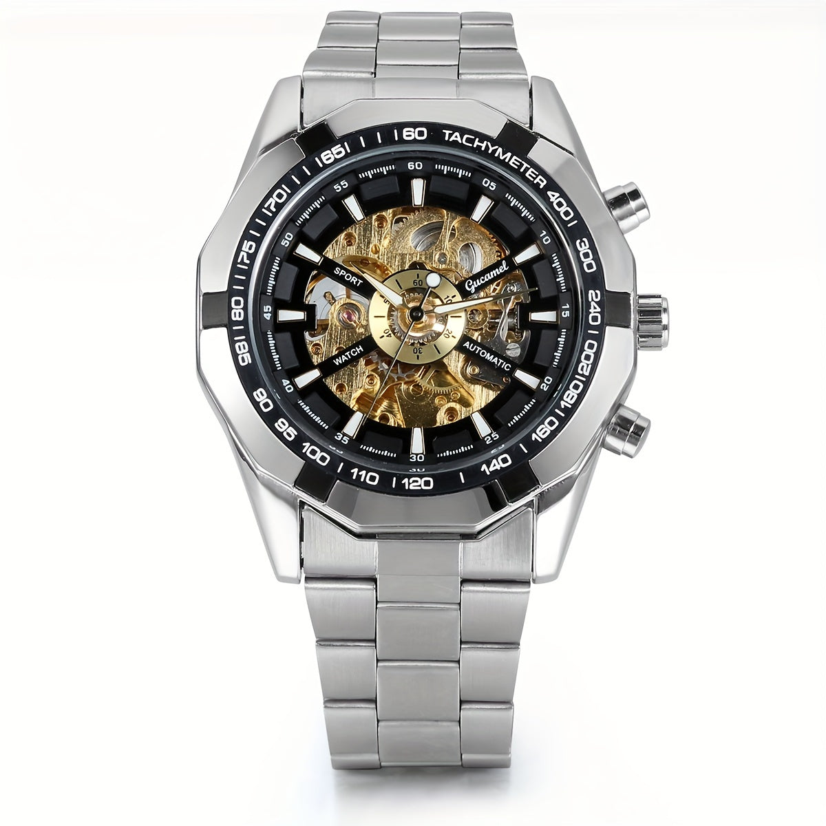 [Automatic Skeleton Watch] Jewelrywe Men's Self-Winding Watch Stainless Steel Band Automatic Mechanical Skeleton Wristwatches, Without Battery