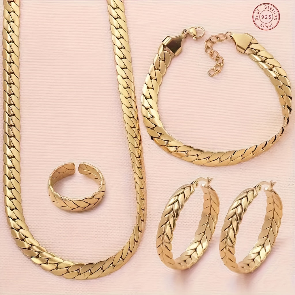 925 Sterling Silver -14k Golden Plated - Serpentine Jewelry 4pcs Set (rings, Necklaces, Studs, Bracelets) - Perfect For Men, Women Friends, Wives, Daughters - Perfect For Birthdays, Anniversaries, Valentines - Elegant Gift Box Included