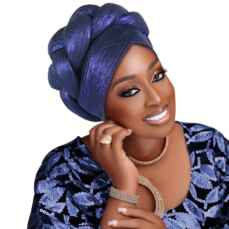 Fashion Western African Muslim Side Thick Braids Thousand Leaves Solid Color Pullover Headscarf Ethnic Hat Women'S