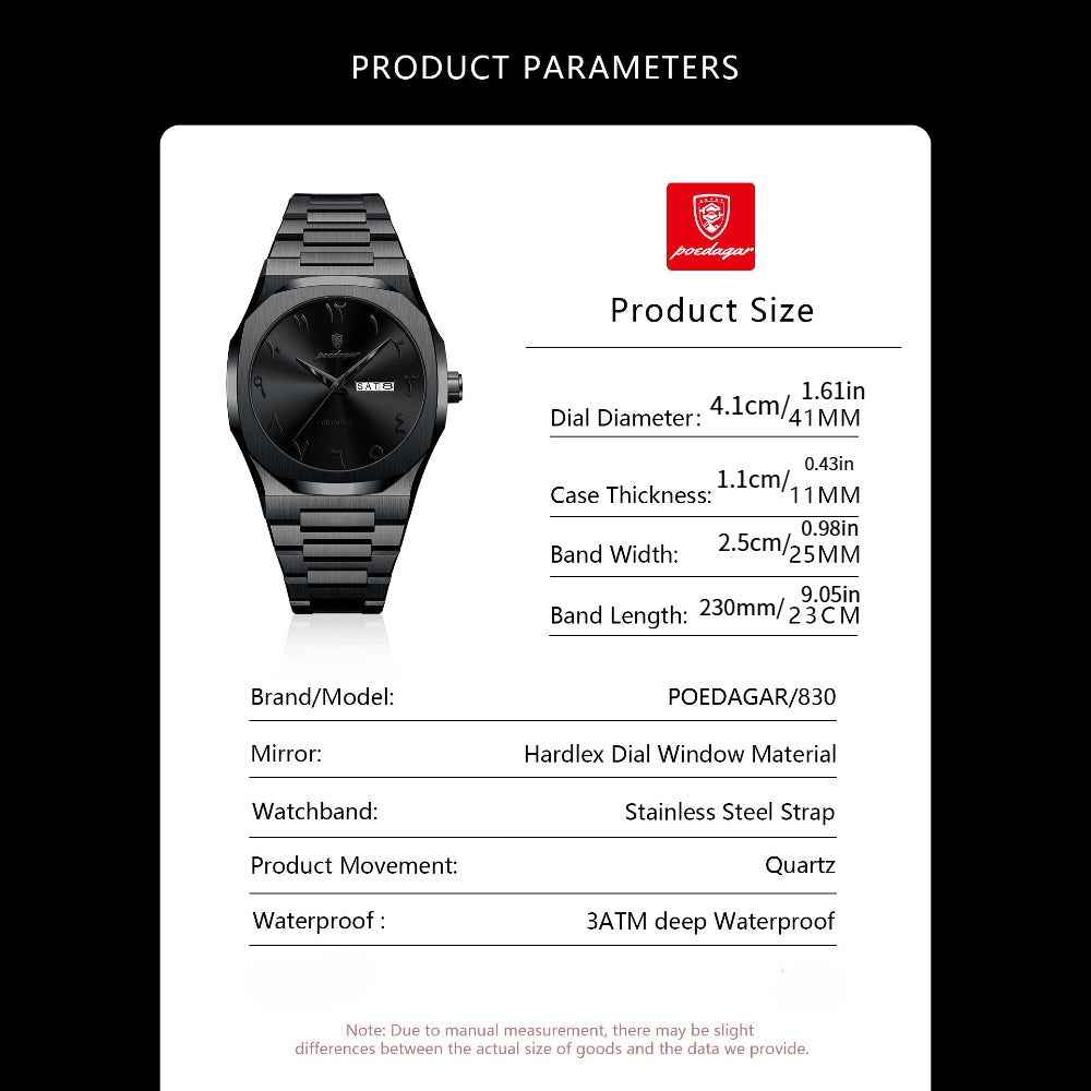 POEDAGAR Men's Automatic Week & Date Display Watch - Minimalist Casual Quartz Wristwatch with Stainless Steel Band, 3ATM Case, Battery-Powered Analog Timepiece for Casual Attire, Durable & Affordable for Daily Use Suitable for Men and