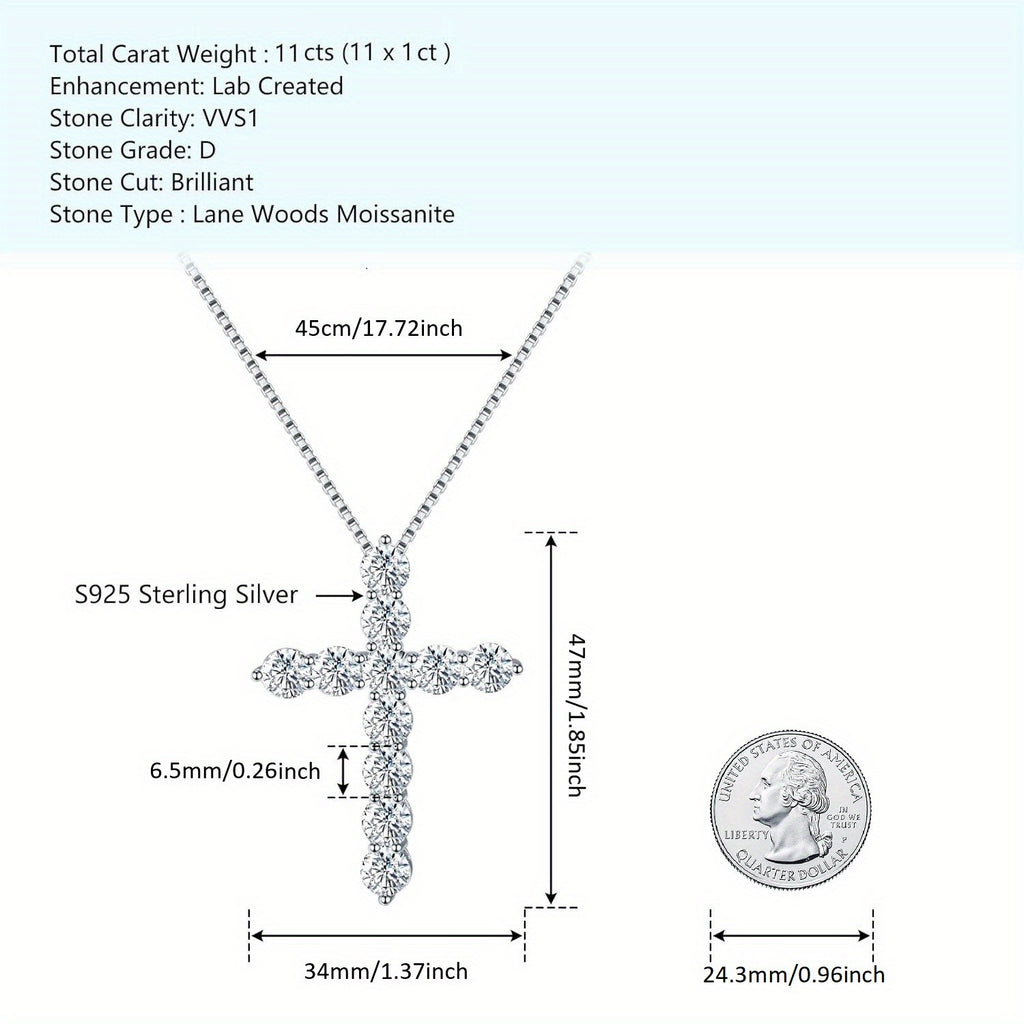 11ct Moissanite 925 Silver Cross Necklace, Total Weight Of The Product (3.66g)