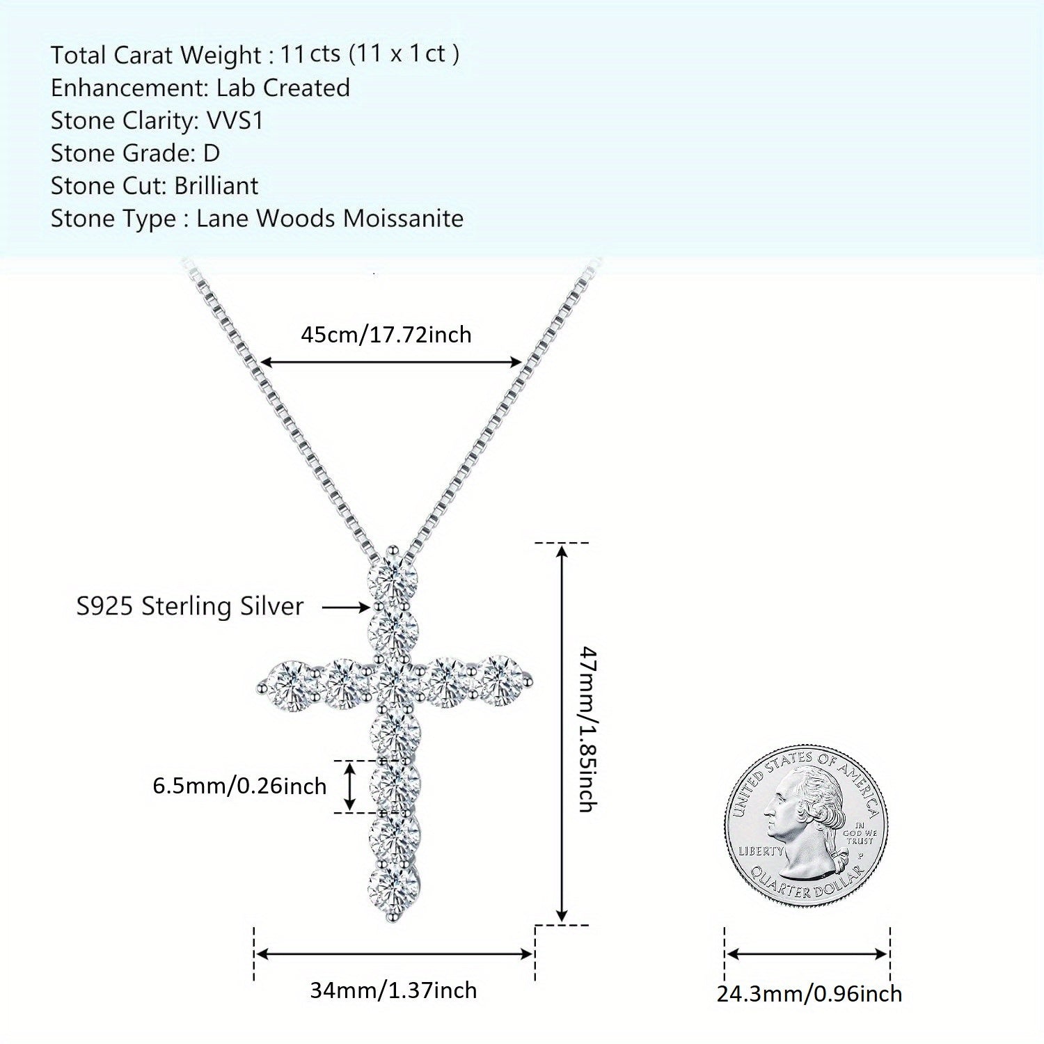 11ct Moissanite 925 Silver Cross Necklace, Total Weight Of The Product (3.66g)