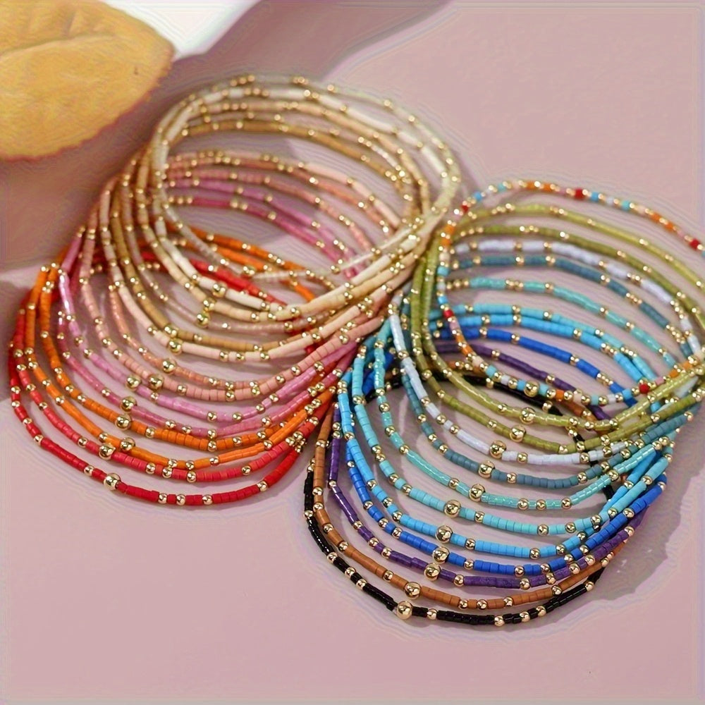[Parties, Festivals] 60pcs Pieces Bohemian Seed Bead Bracelets - Elastic Stretch Beaded Jewelry With Random Multicolor Beads Suitable For Women &, Casual Attire, Parties, Festivals