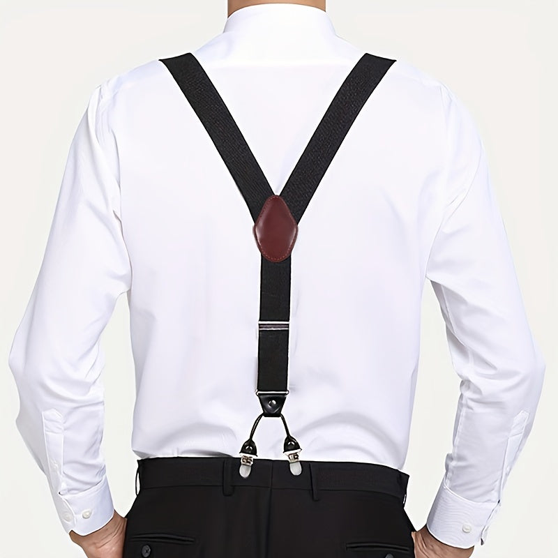 Men'S Suspenders, Suit Brace Y-back PU Leather Heavy Duty Suspender With 6 Metal CliP