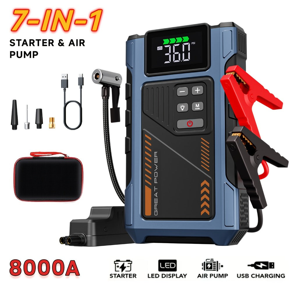 [Portable Jump Starter] Jump Starter With Air Compressor, 8000A Peak Battery Jumper Starter Portable, Jump Box For Car Battery, 12V Portable Jump Starter For 8.0L Gas And 6.5L Diesel Cars With USB Ports And LED Flashlight, Portable Car Jump Starter, Batte