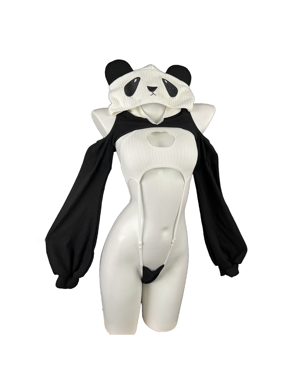 T-101  Edgy-Cute Panda Hooded Onesie | Combed Cotton Cold-Shoulder Puff Sleeve | Embroidered Adjustable Two-Piece Set