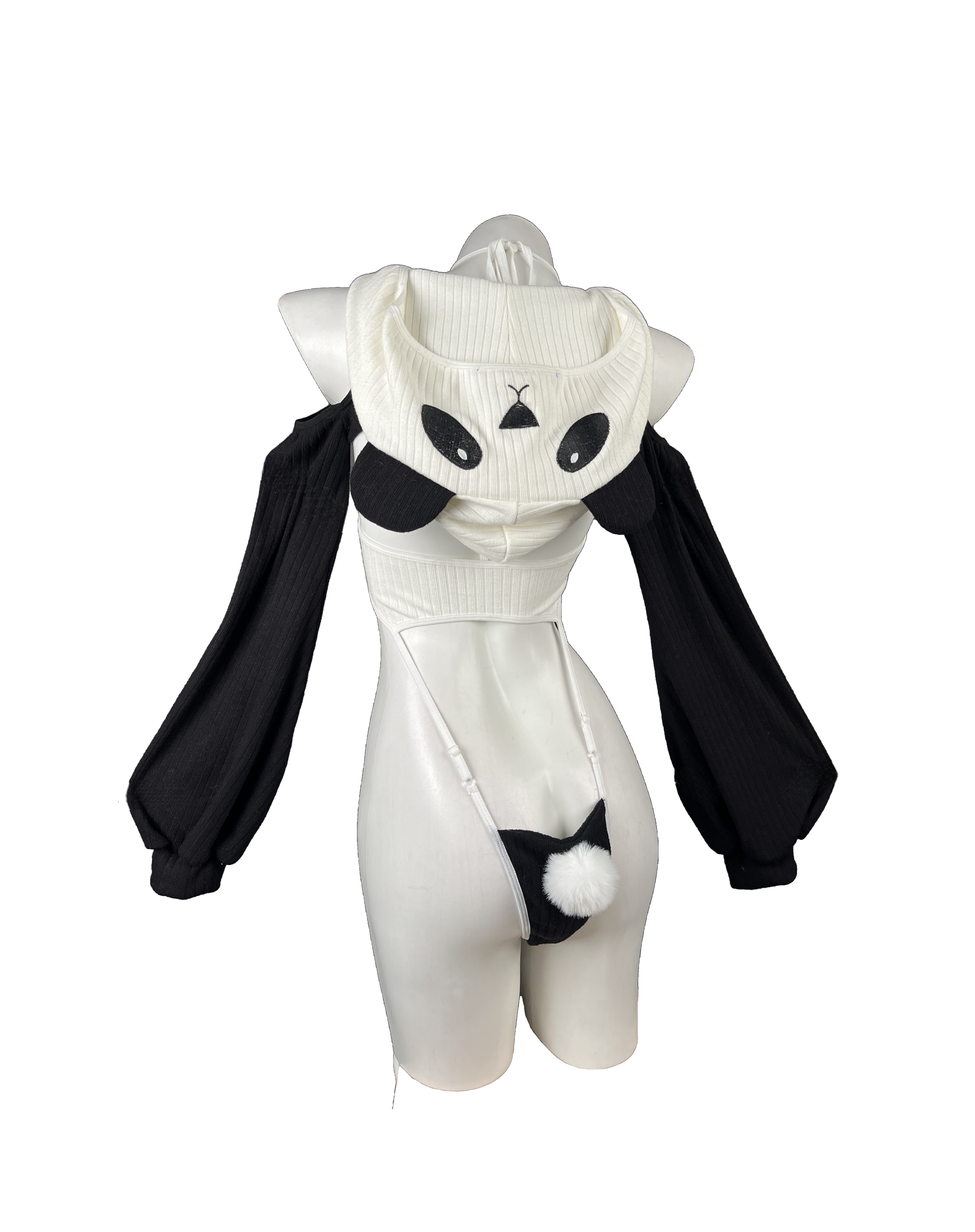 T-101  Edgy-Cute Panda Hooded Onesie | Combed Cotton Cold-Shoulder Puff Sleeve | Embroidered Adjustable Two-Piece Set