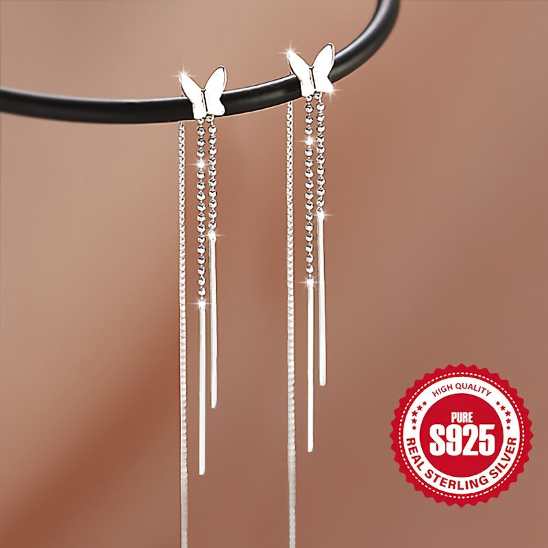 1 Pair S925 Sterling Silver Butterfly Tassel Earrings, Hypoallergenic, Elegant & Cute Style, Perfect Gift for Women, Versatile for Daily Wear & Vacation, Ideal for Christmas, All-Season Accessory
