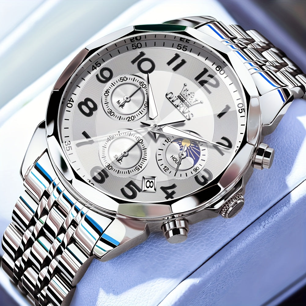 [Luxury Men's Watches] OLEVS Men's Watches Classic Dress Analog Quartz Chronograph Luxury Two Tone Stainless Steel Moon Phase Digital Luminous Date Men's Wrist Watches